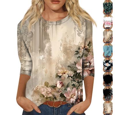 Damenmode Locker Lässig Siebenärmel Bedrucktes Rundhals-Oberteil