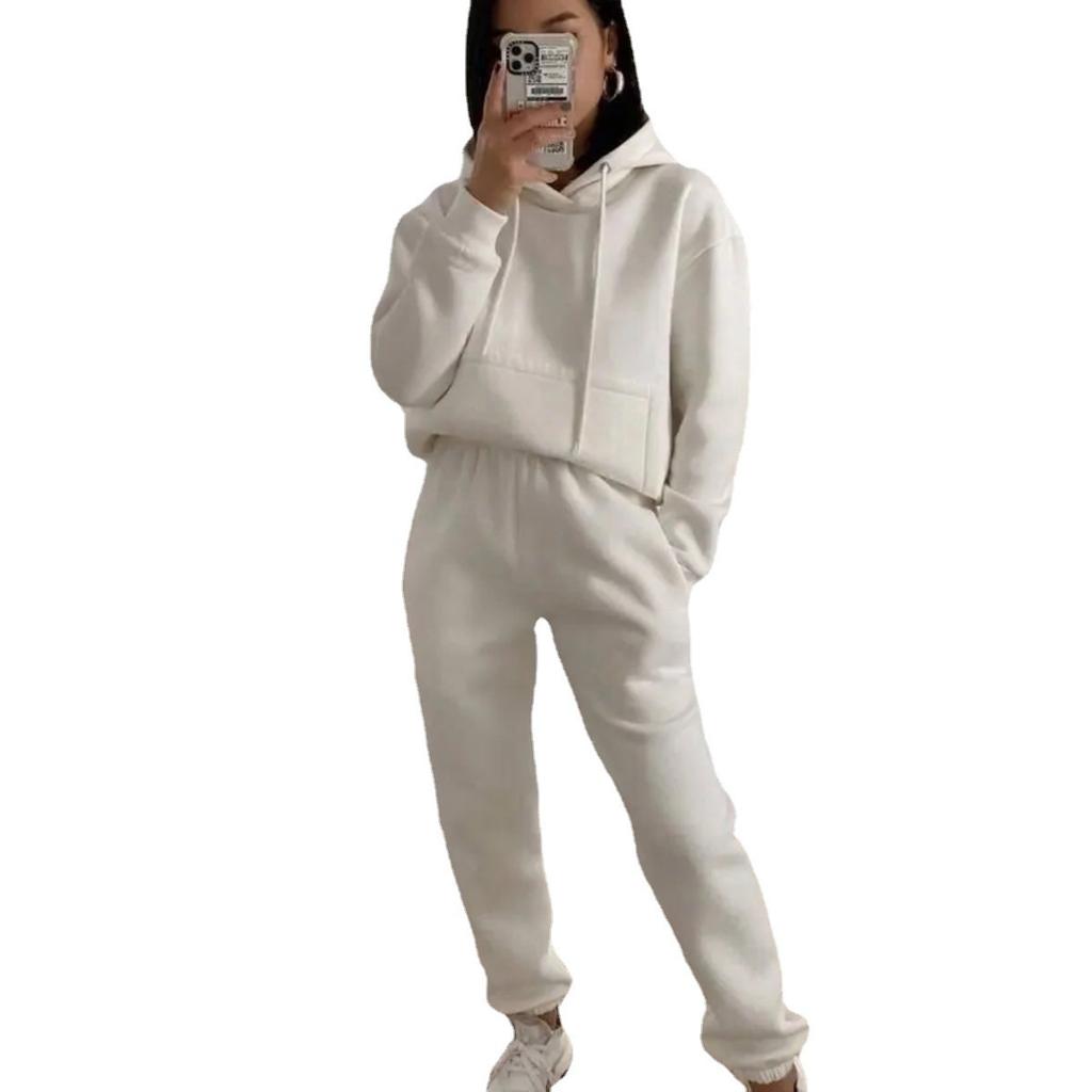 1116 Yama European and American popular casual hooded long-sleeved pocket sweater solid color sports suit two-piece set