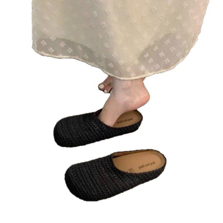 2025 New Woven Breathable Bag Head Drag Outer Wear Round Head Thick Bottom One Pedal Half Drag Comfortable Soft Bottom Cool Slippers