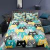 Cat Duvet Cover Polyester Pattern With Hipster Playful Feline Characters, Decorative 3 Piece Twin Bedding Set With 2 Pillow Sham