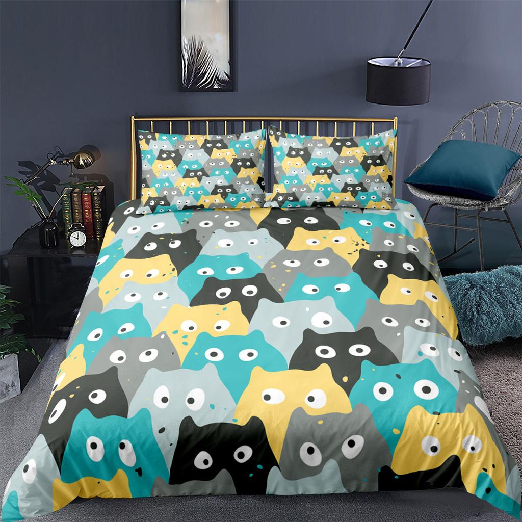 Cat Duvet Cover Polyester Pattern With Hipster Playful Feline Characters, Decorative 3 Piece Twin Bedding Set With 2 Pillow Sham