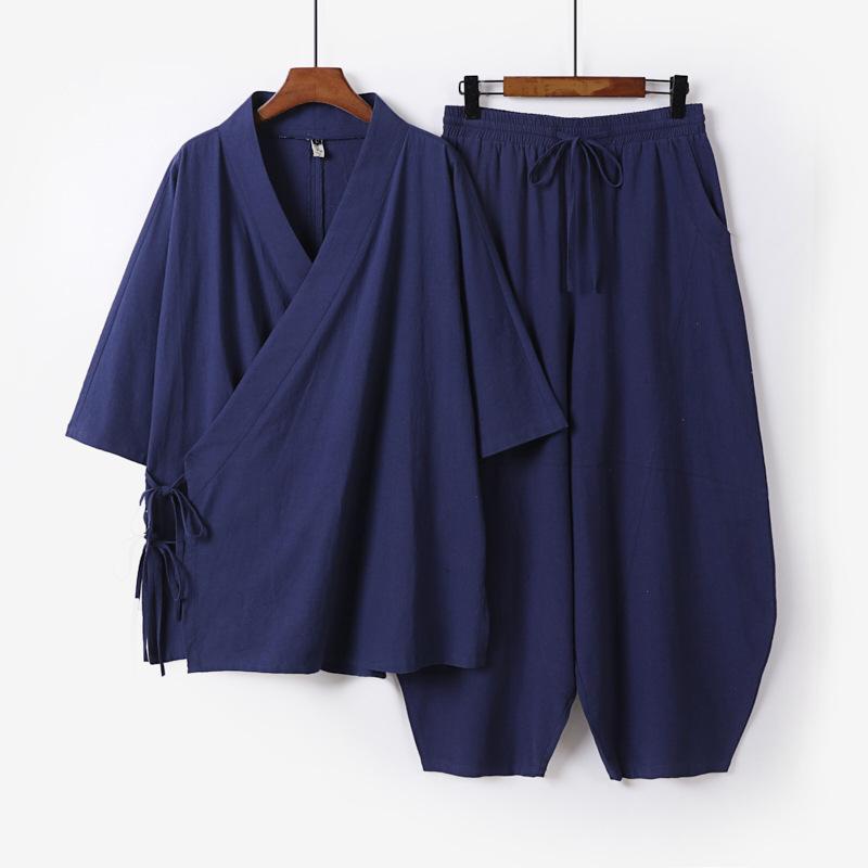 Plus Size S-9XL Men Japanese Kimono Cardigan Pants Set Cotton Linen Samurai Costume Harajuku Loose Jacket Suit