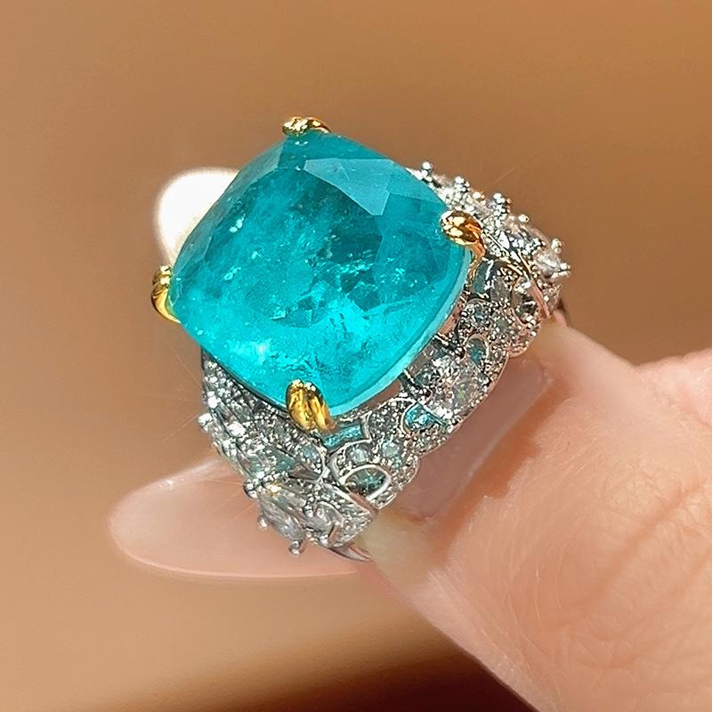 

Ювелирное кольцо, циркон женский прямоугольный имитация сапфира, параиба высокого класса цельное.