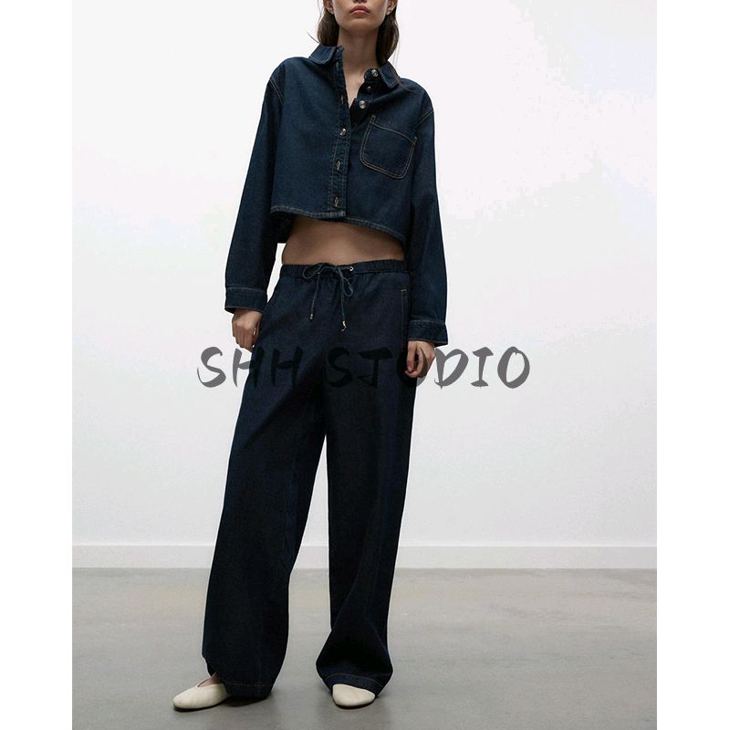 High Waist Wide Leg Jogging Plaid Jeans 1934027 Denim Cotton Long Sleeves Short Shirt 1934029