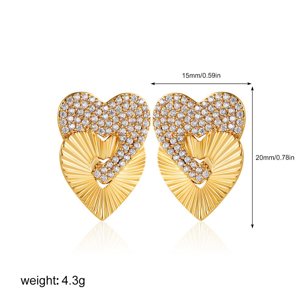 

Creative Stainless Steel CZ Zircon Hollow Double Heart Stud Earrings for Women Gold Plated Striped Pleated Texture Love Zircon