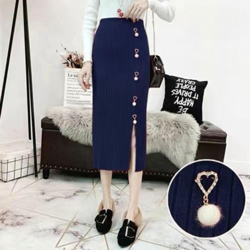 Gestrickter figurbetonter Damenrock für Frühling und Herbst mit Schlitz, Bleistiftrock, lang, vielseitiger Midi-Halbrock