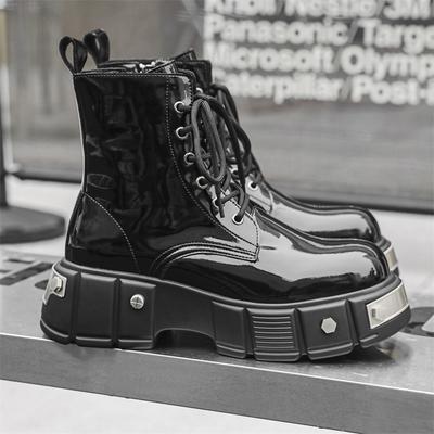 2024Neu Herren High Top Britischer Stil Dicke Sohle Erhöht Glänzend Echtes Leder Motocross Stiefel Runde Zehenpartie Seitenreißverschluss Punk Stiefel