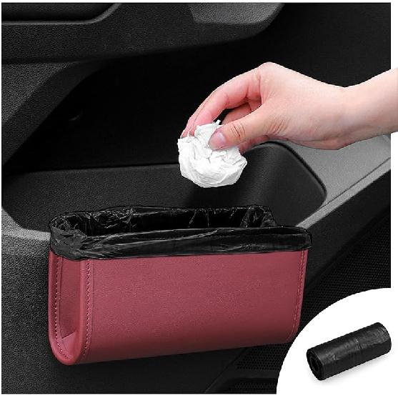 Car Trash Can, Leather Car Trash Bin Door Organizer With A Roll Of Garbage Bag, Foldable Hanging Mini Cars Storage Must Have Essentials Interior