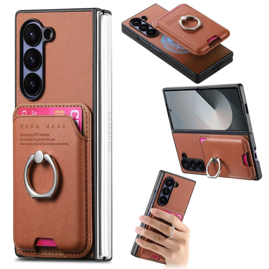 Magnetic Leather Wallet Phone Case with Card Holder Ring for Samsung Galaxy Z Fold 7 6 5 4 3 Fold7 Fold6 5G Detachable Cover