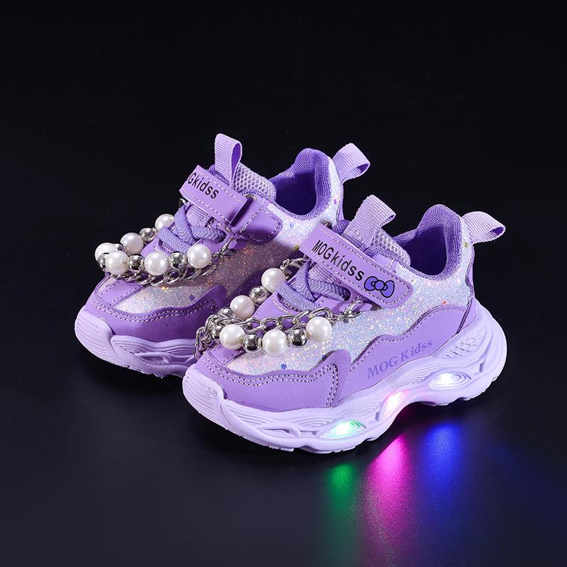 2025 Spring/Autumn Girls' LED Light-Up Pearl Chain Princess Sneakers with Soft Soles