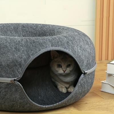Wool Felt Cat Tunnel Nest – Modern Style Uncharged Donut Bed, Detachable & Washable All-Season Cat House, 1pc Cozy Cat Condo