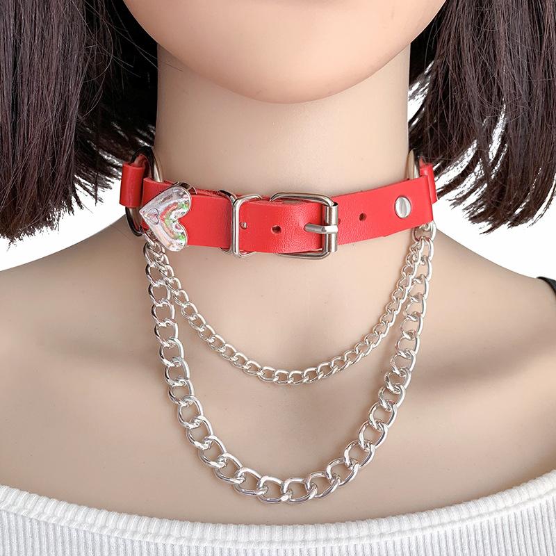 Punk PU leather collar heart-shaped peach heart chain necklace original goth neck chain love exaggerated collarbone chain