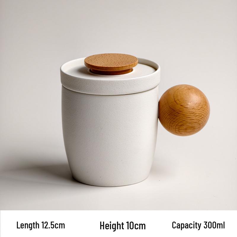 Guirong Ceramic Tea Cup with Lid and Wooden Ball Infuser - Stylish Office Mug & Festival Gift 300ml