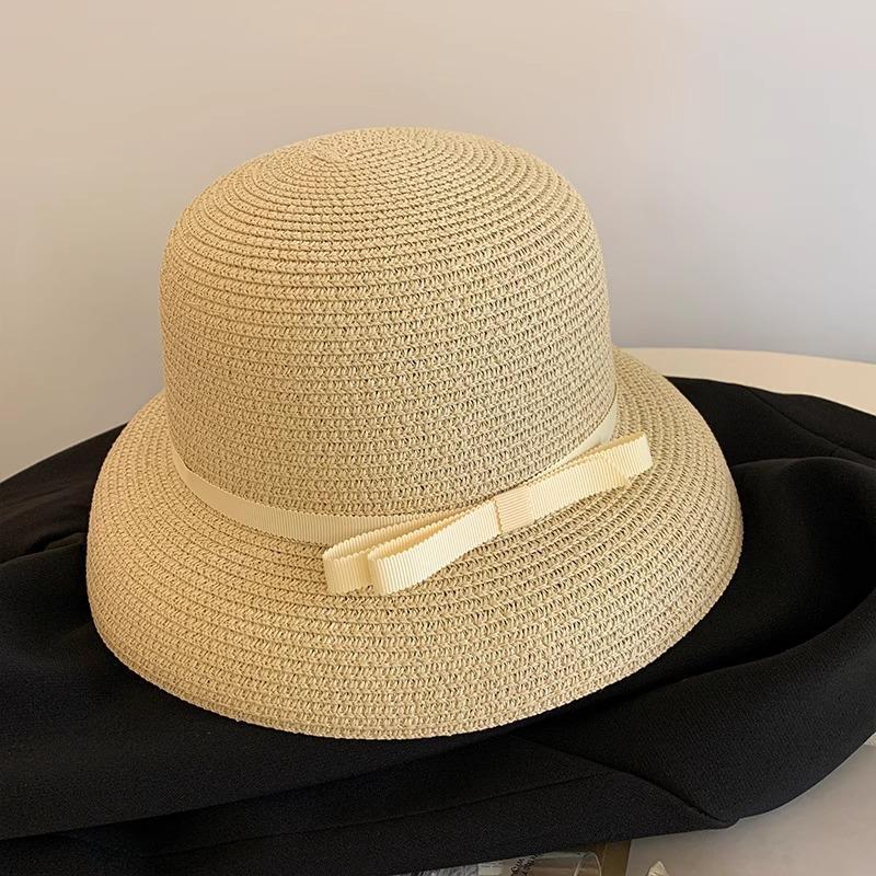 Elegant Hepburn Women Beach Sunshade Sun Hat  Summer Retro Sunscreen Hat Bow Fisherman Hat