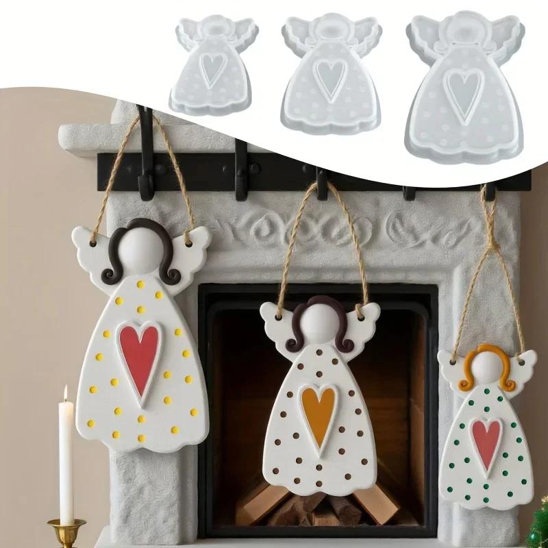 A Top Quality DIY Faceless Angel Silicone Mold Christmas Tree Hanging Ornament Plaster Concrete Resin Mould Heart Dot Texture