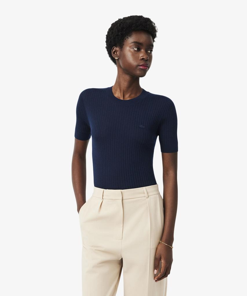 LACOSTE Women'S Fine Merino Wool Rib Knit Short Sleeve Sweater Af4146-56G 166