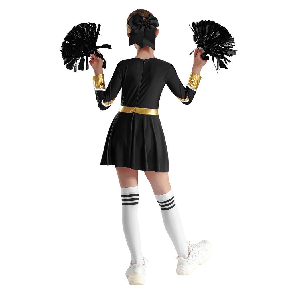 Girls Long Sleeve Cheerleading Costume Sparkly Rhinestones Letter Design Metallic Dress Hand Flowers Set