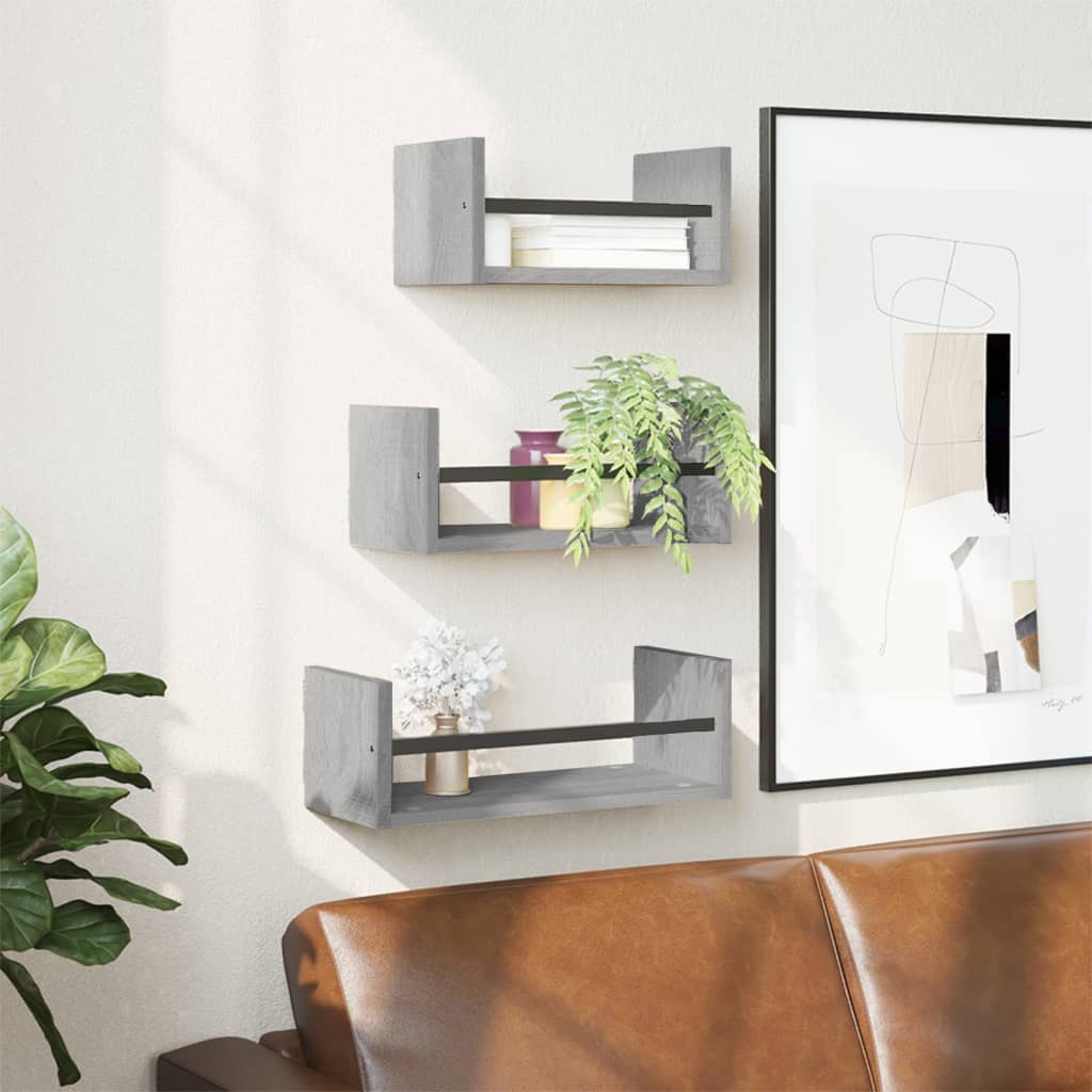 3 piece wall shelf set with bars grey Sonoma engineered wood