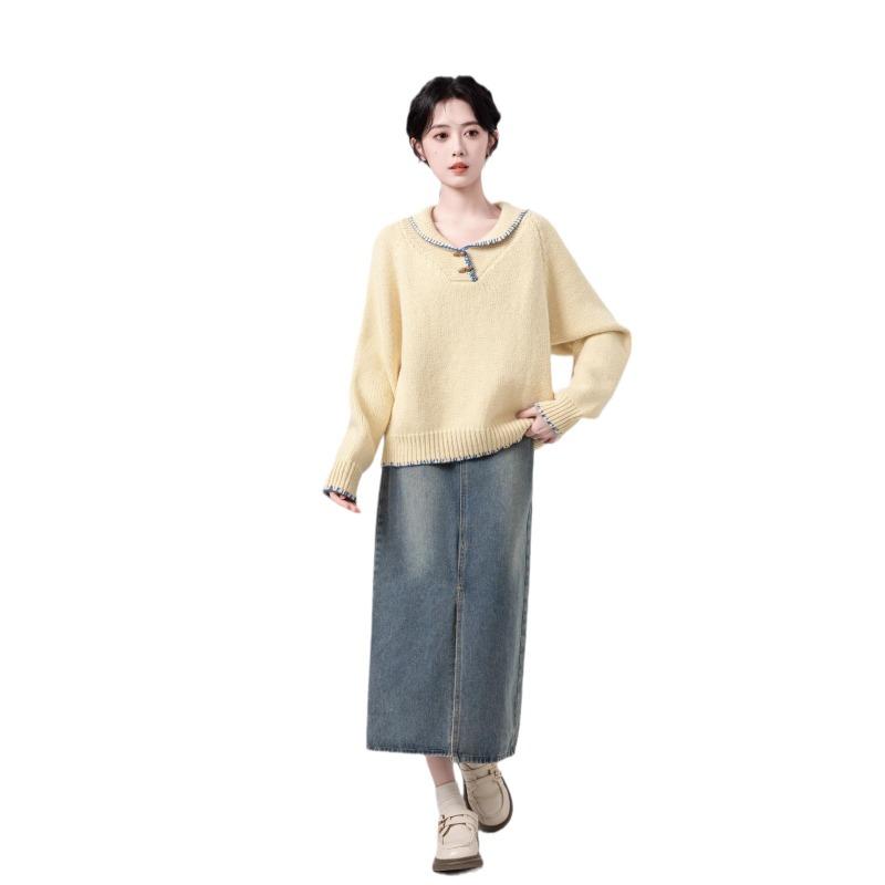 Gelber Reverskragen Damen Strickpullover Einzigartige Schnalle Modisches Damenoberteil Koreanischer Lässiger Lockerer Pullover