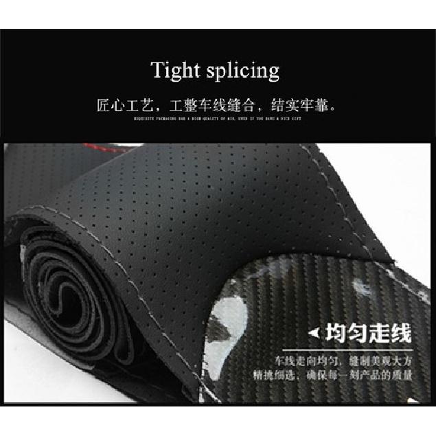 38CM Hand sewing DIY Black Carbon Fiber & Leather Car Steering Wheel Cover Trim