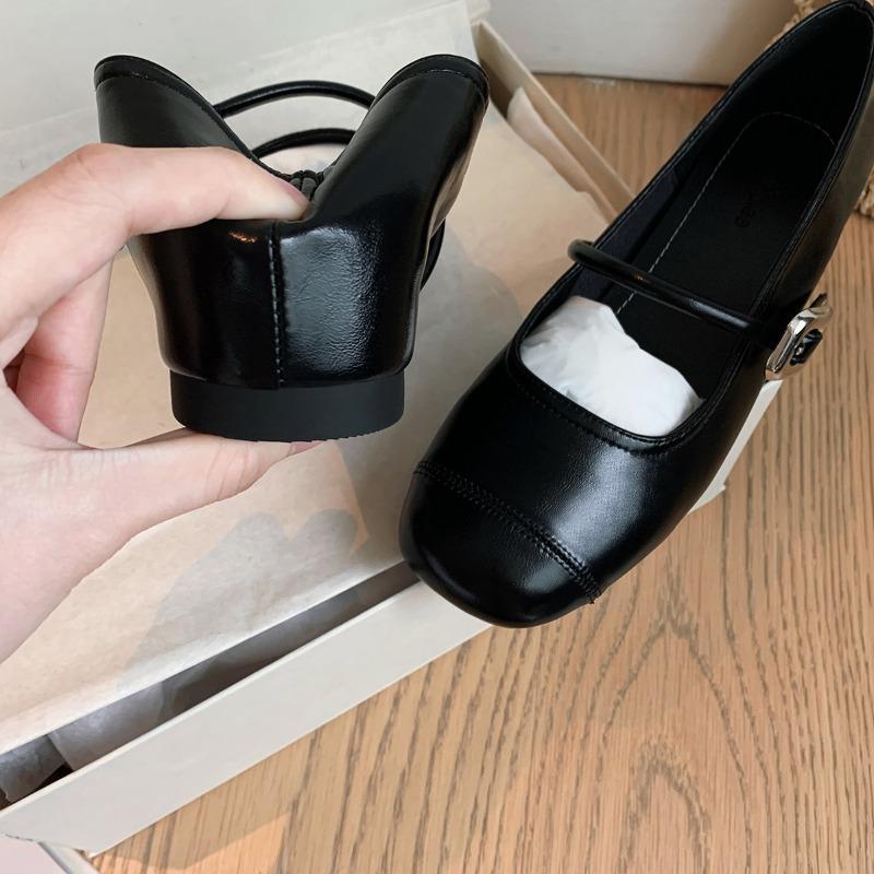 ~ Round head light mouth silver small leather shoes flat bottom inner height increase soft sole Mary Jane single shoes women