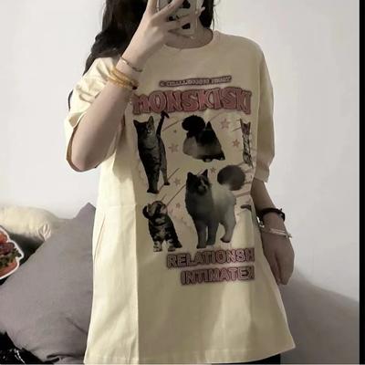 Harajuku αστεία μπλουζάκια με στάμπα γάτας κινουμένων σχεδίων γυναικεία y2k τοπ καλοκαιρινά casual φαρδιά μπλουζάκια από καθαρό βαμβάκι μπλουζάκια για γυναικεία streetwear