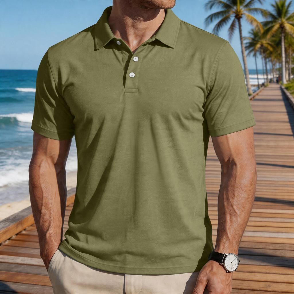 Men's Short Sleeve Polo Shirt Classic Fit Button Down Collar Casual Lightweight Breathable Fabric Summer Top