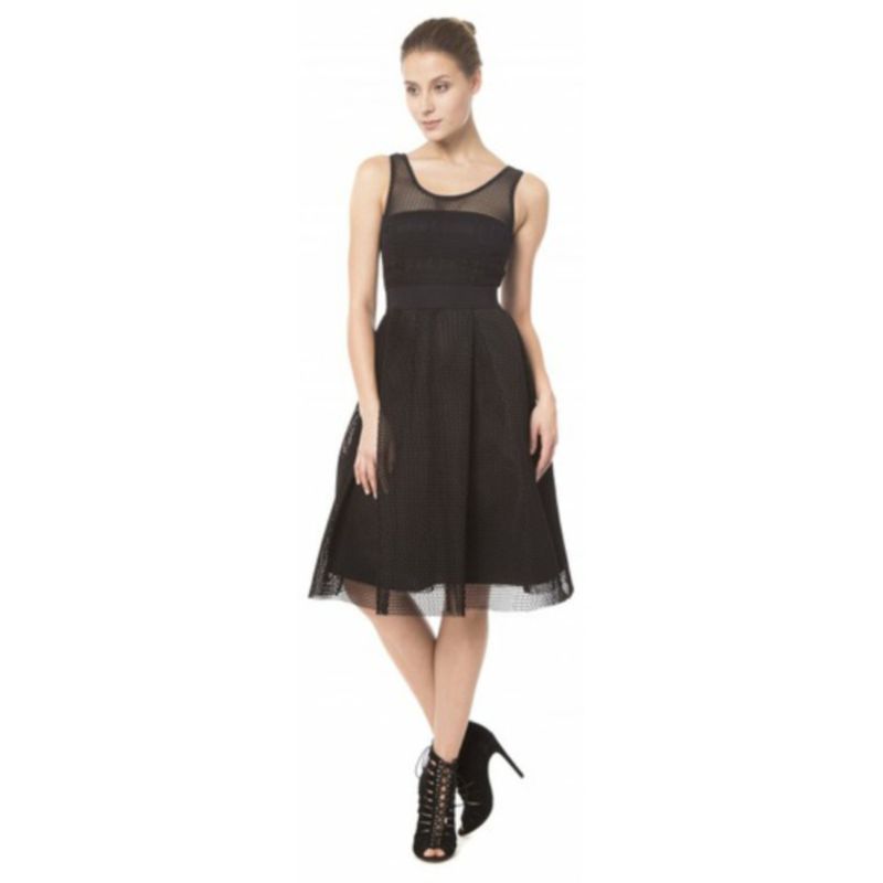 Socialite Temperament Hepburn Style Mesh Hollow Sleeveless Waist Hugging Slimming Dress Expansion Skirt Black Dress