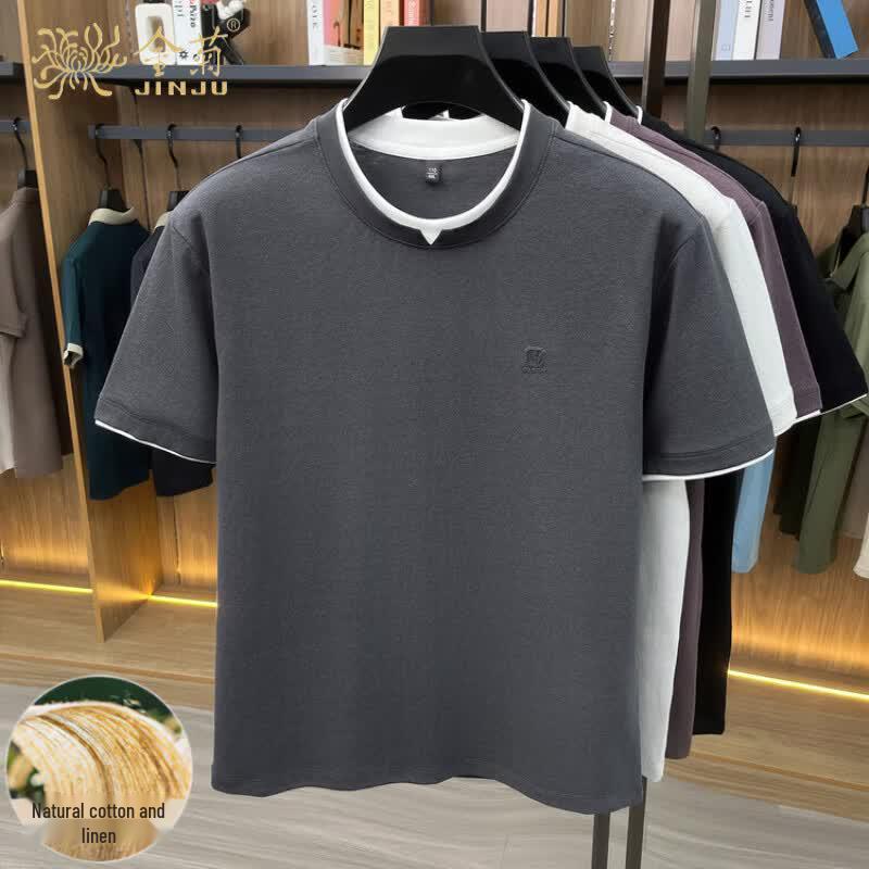 Men s Cotton-Linen Blend Faux Two-Piece Short Sleeve T-Shirt 2XL