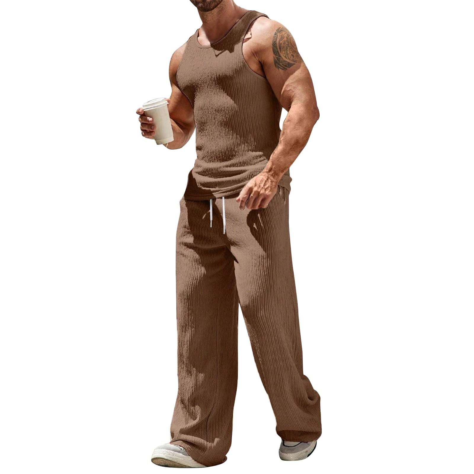 

Мужской однотонный прямой жилет, мужской повседневный спортивный жилет и брюки XL кофейный