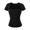 T-shirt da donna a maniche corte con scollo quadrato plissettato, nuova per l'estate, stile American Spice Girl, tinta unita, con tasca porta-coppette sul petto, top base a spalla