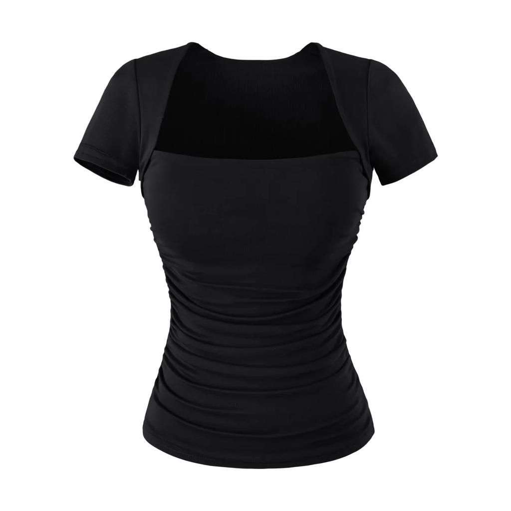 T-shirt da donna a maniche corte con scollo quadrato plissettato, nuova per l'estate, stile American Spice Girl, tinta unita, con tasca porta-coppette sul petto, top base a spalla