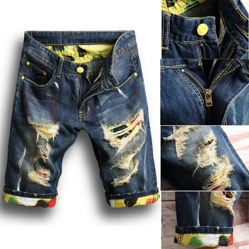Summer Casual Loose Vintage Fashion Broken Hole Denim Beach Short Pants Trunks Mens Shorts Jeans Features Foot Mouth