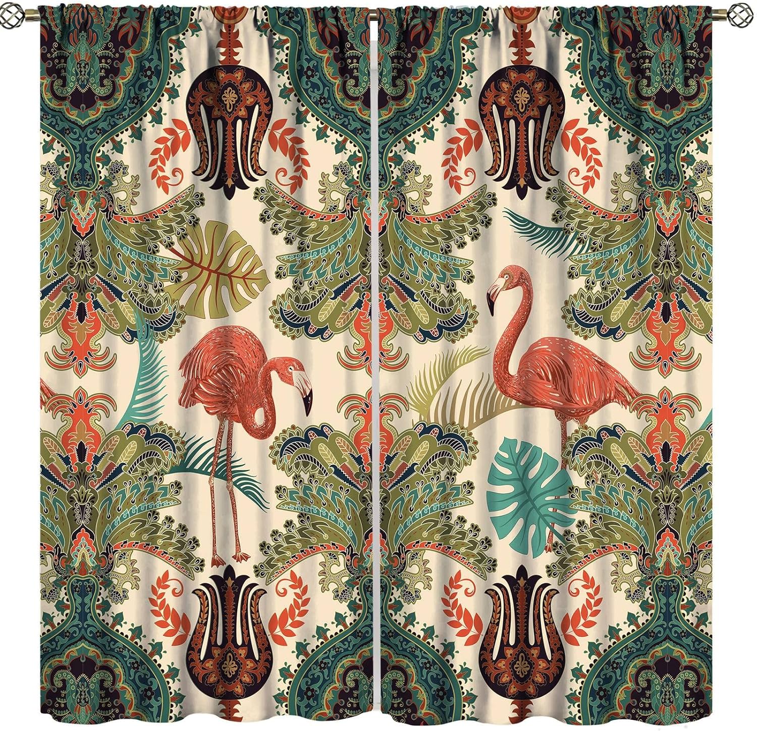 

Bohemian Flamingo Curtains Boho Vintage Ethnic Tropical Birds Design Window Treatment Living Room Wine Red Hu Curtain With Blackout Polyester Perfect W100*H70(CM)-Hooks&2PCS