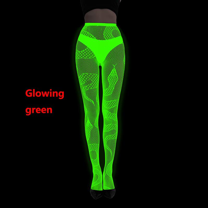 Leuchtende Sexy Fischernetz-Strumpfhose mit Schlangenmuster für Damen Jacquard Ausgeschnittene Strumpfhose Leuchtet im Dunkeln One Size green