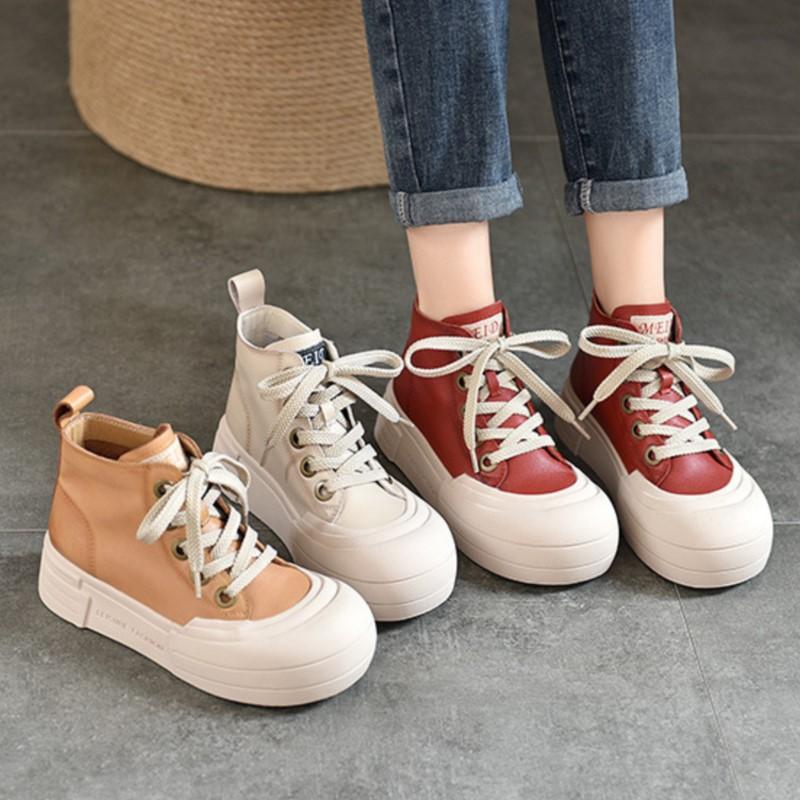 Johnature Genuine Leather Flat Platform Shoes Casual Round Toe Thick Soled Shoes Versatile Lace Up Short Boots