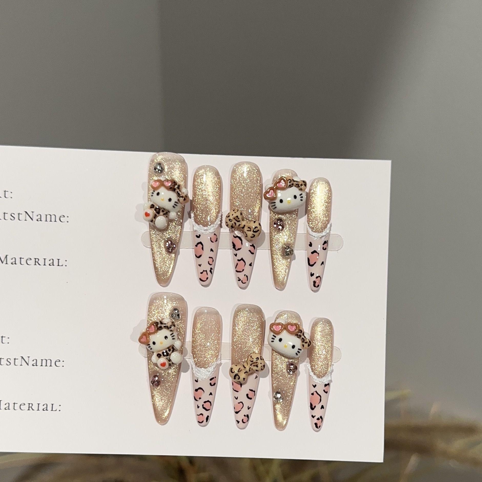 Handmade Leopard Print Bow Cat Eye Nails - Autumn/Winter Style Extra Small