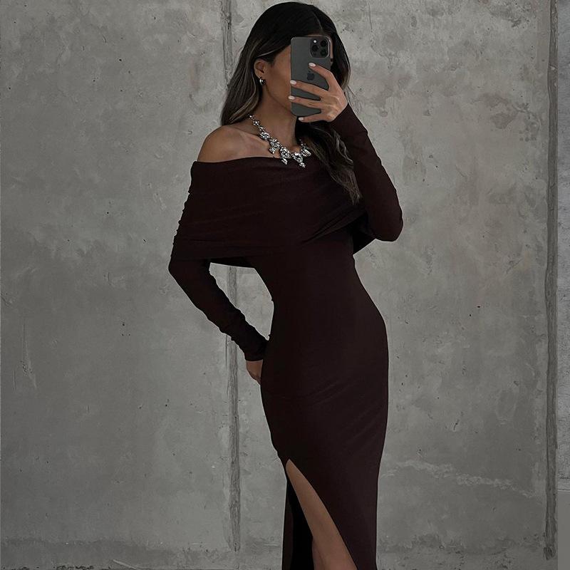Women Spring Autumn Long Sleeves Dress Ladies Sexy One Piece Solid Full Length Dress