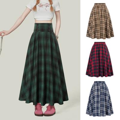 Damen Midi Rock Karomuster Hohe Taille A-Linien-Rock Großzügiger Saum Schlankmachender Effekt Herbst Winter Rock