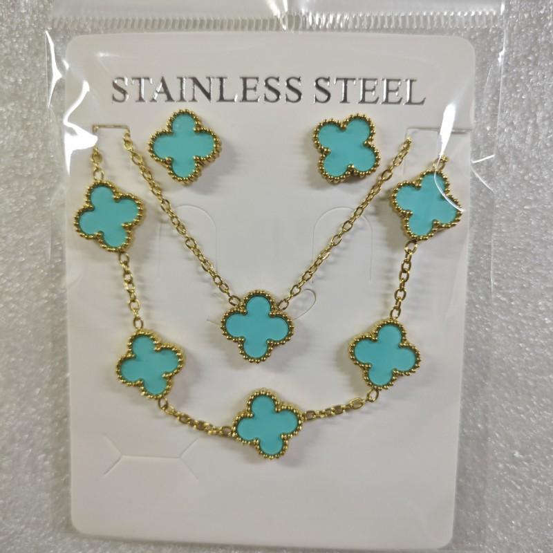 13mm Clover Pendant Necklace Bracelet Earring Set 18K Gold Plated Stainless Steel Jewelry Women Men