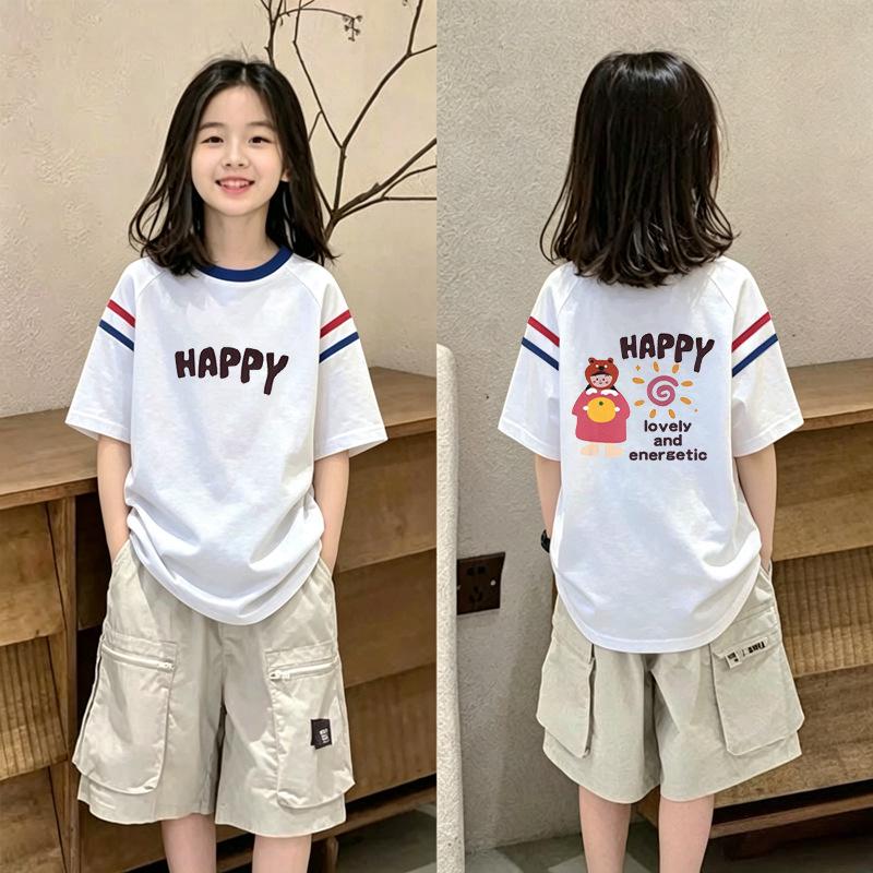 Summer Korean Style Color Block Loose T-shirt for Girls Aged 6-12 - Short Sleeve and Versatile