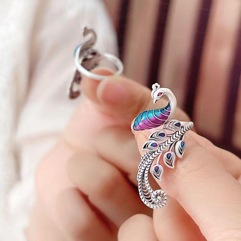 Ethnic Cloisonné Phoenix Ring: Adjustable Silver-Plated Art Ring for Women in Retro Chinese Style