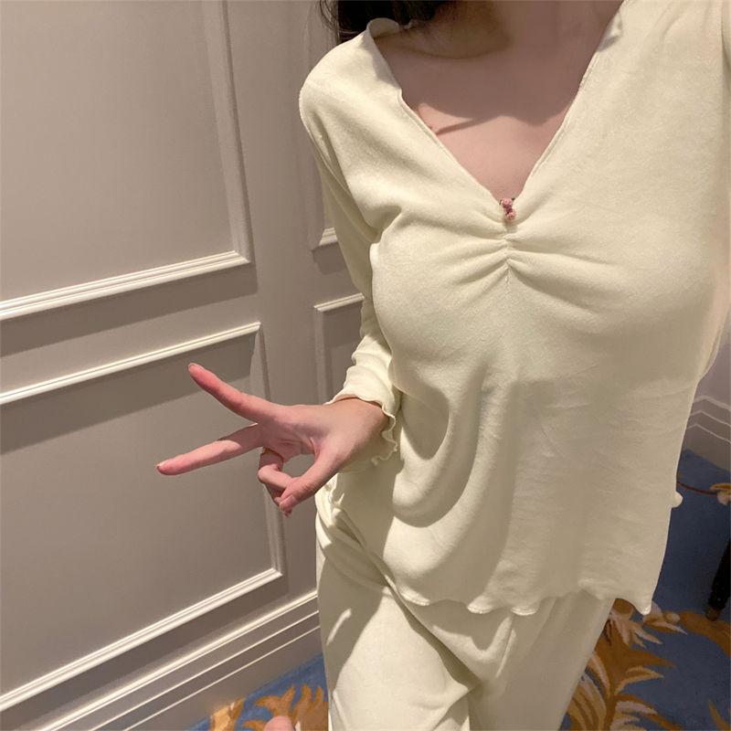 New Pajamas for Women Spring Sweet Square Neck Pajamas Set with Breast Pads Home Clothes Island Velvet Ruffles Home Clothes