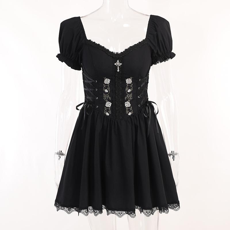 Goth Gothic Vintage Princess Dress Women Dark Lace Up Cross Corset Streetwear Partywear Lolita Female