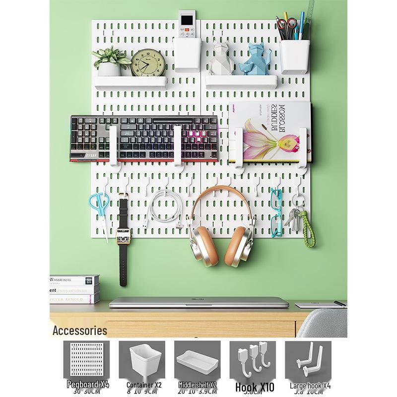 No-Drill Wall-Mounted Pegboard: Customizable Storage Hooks & Baskets Display for Home or Study Room.