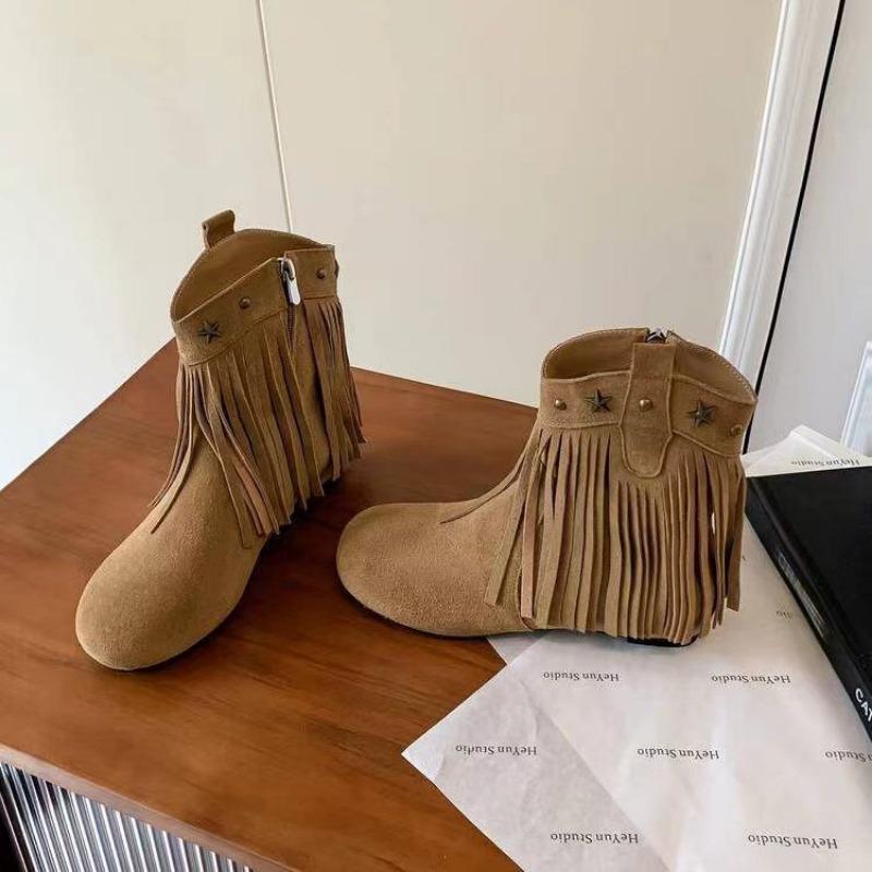 Neue Damenmode Stiefel Fransen Bequeme Flache Einfarbig Wildleder Reißverschluss Stiefeletten Hohe Qualität Bequeme Freizeitschuhe