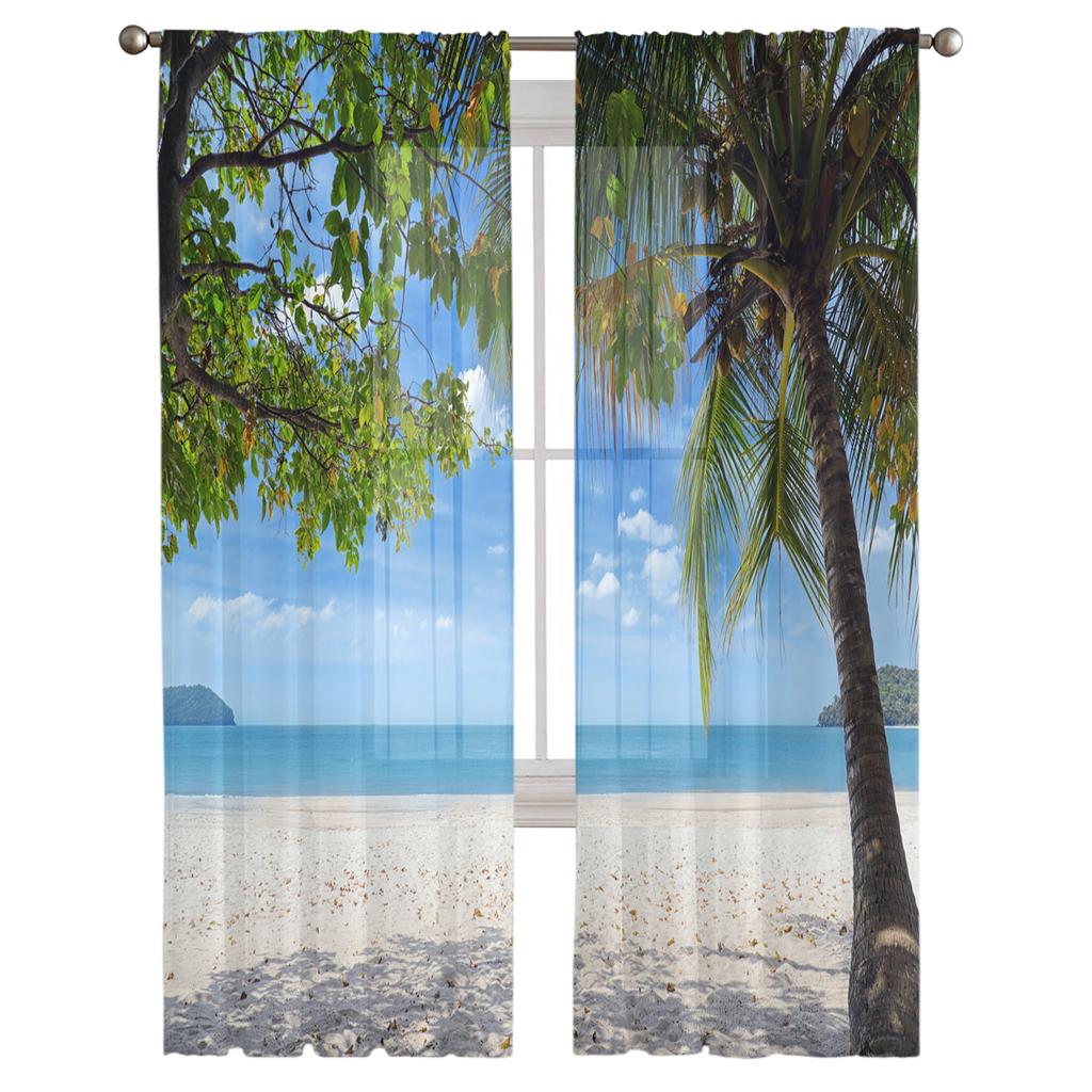 Durchsichtige Vorhänge mit Strand-Tropenpflanzen, Wohnzimmer, Fenster, Tüllvorhänge für Schlafzimmer, Küche, Heimdekoration, Voile-Vorhänge