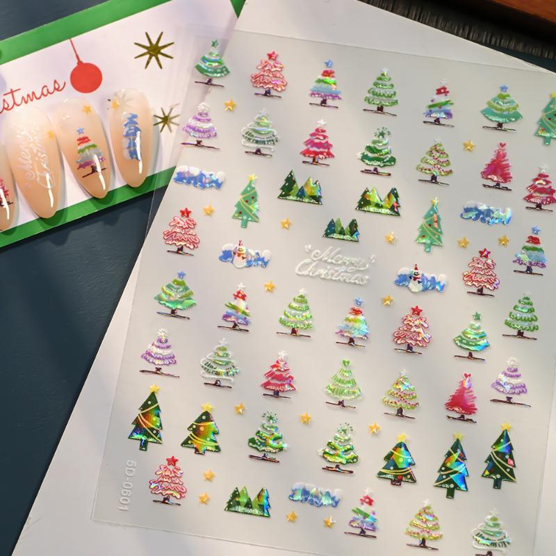 5D Laser Relief Weihnachts-Nagelsticker Schneeflocken Weihnachtsmann Elch Weihnachtsbaum Nagelaufkleber Geprägt Winter Weihnachten Maniküre Set