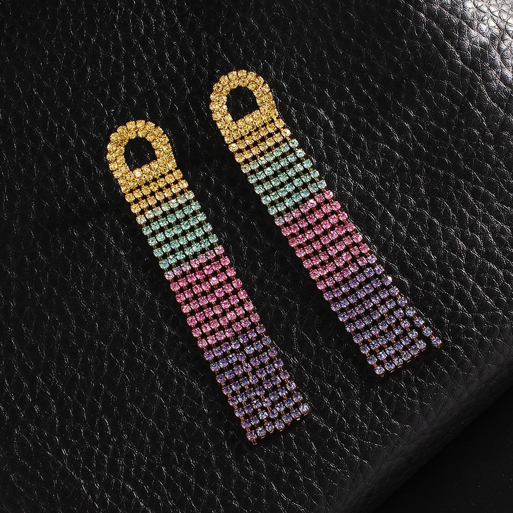 Elegant Long Tassel Rhinestone Stud Earrings Women's Wedding Performance Stage Multi-Color Gradient Slimming E775