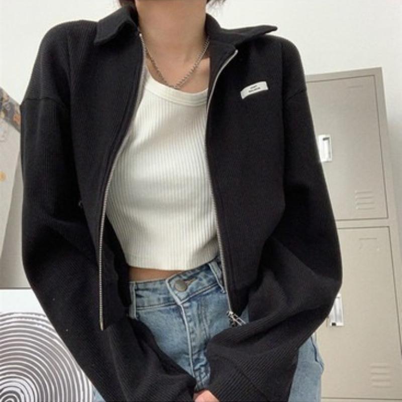 

Весна Осень Универсальный Кардиган Горячая Девушка Укороченный Топ Молния Спорт Вафельный Вязаный Пальто Женская Одежда 2XL чёрный